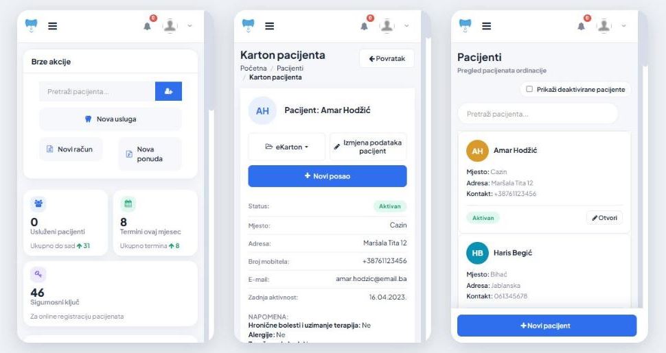 Početna, karton i pacijenti na mobitelu